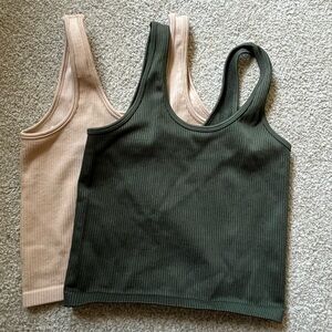 Aerie Offline set of ribbed tank tops in Green and Beige
